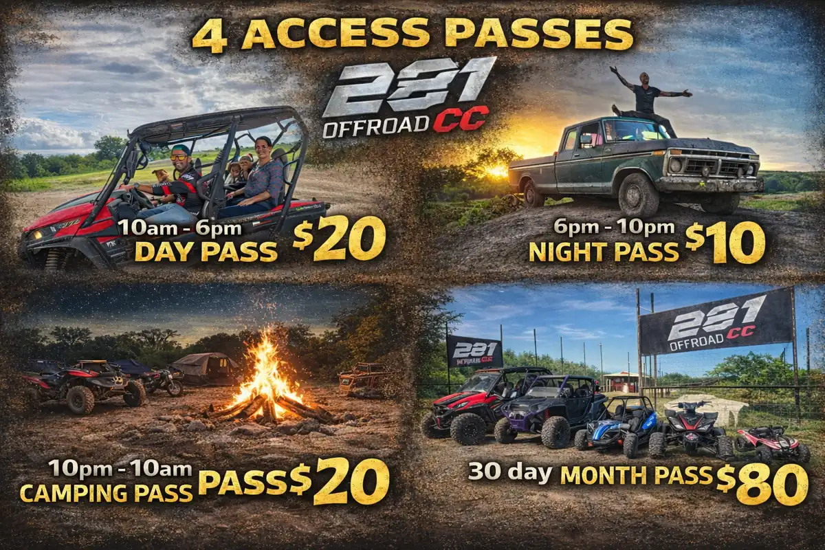 All 4 access pass types at 281 Country Club — Day $20, Night $10, Overnight $20, Monthly $80 — 45 acres San Antonio TX